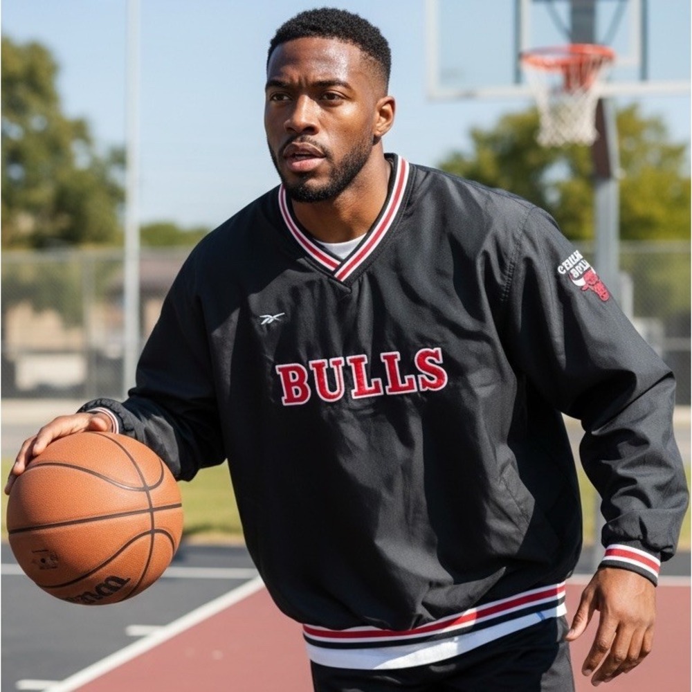 Vintage 90's Reebok NBA Chicago Bulls Black V-neck Warm Up Pullover Jacket XL